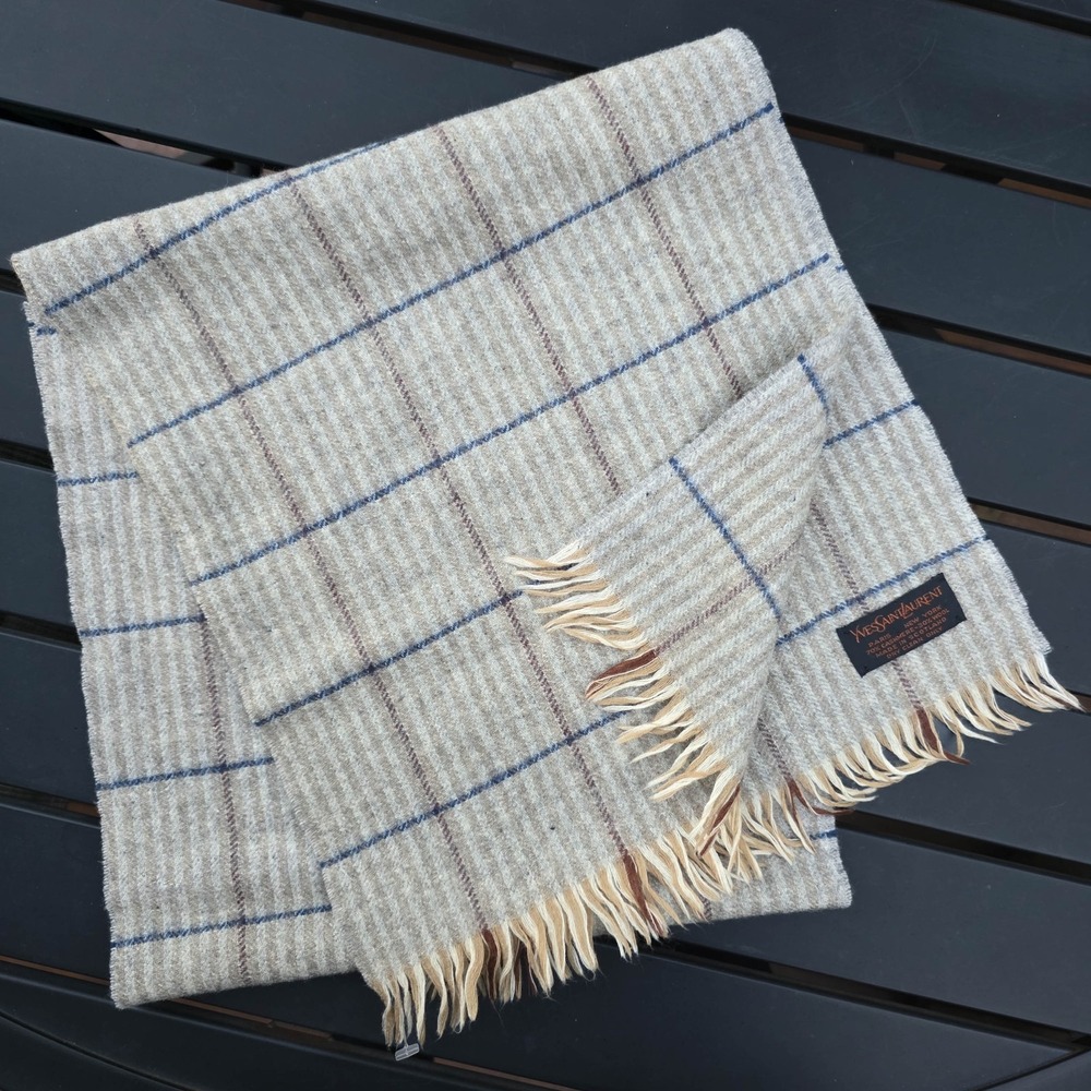Vtg Yves Saint Laurent Scarf Cashmere Wool Plaid Scotland 54" Fringe YSL Scarf - Picture 3 of 3
